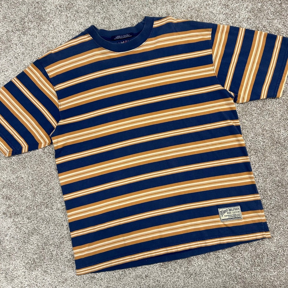 Vintage‎ Tommy Hilfiger Striped Tshirt Men Size Large 90s Blue Beige Crewneck